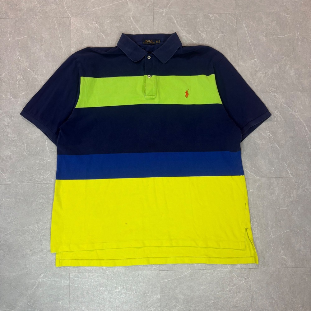 Polo Ralph Lauren Mens 2XLT Tall Colorblock Stripe Polo Shirt Navy Neon Yellow